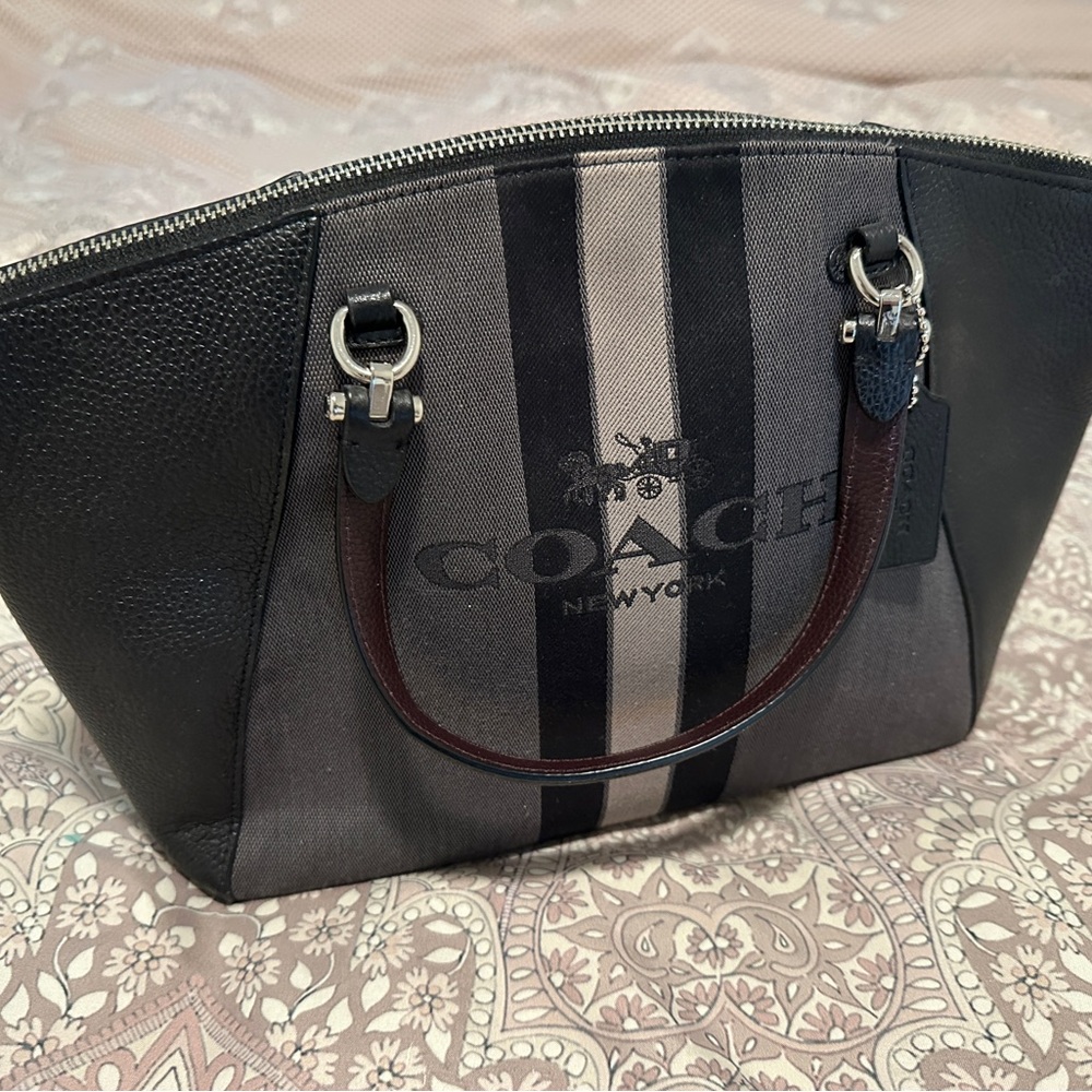 Coach Black and Gray Striped Canvas Satchel with Leather Handles